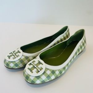 Tory Burch green & white gingham Minnie Flats,  perfect condition, SIZE 10